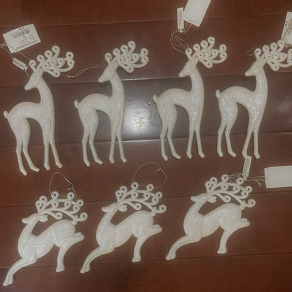7 Assorted White Iridescent Glittery Reindeer Christmas Tree Ornaments